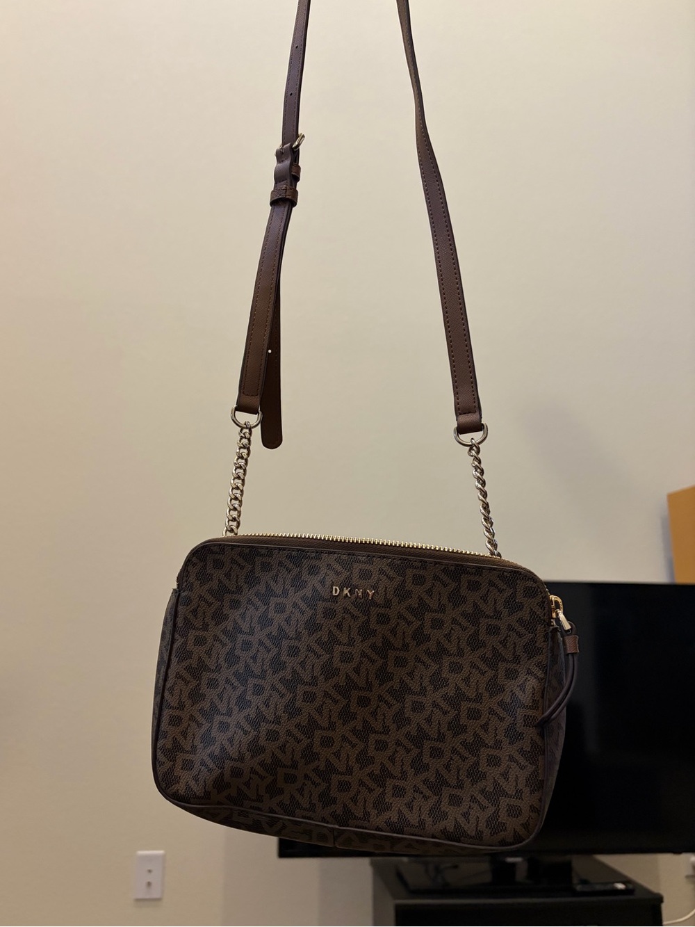 DKNY Brown Monogram Crossbody Bag with Gold Hardware